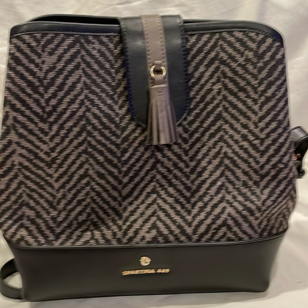 Spartina 449 purse. 11x10x6 with  expansion.grey with black stripes,strap,trim